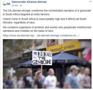 DA in total denial about farm murders and farm attacks - DA Abroad condemns white genocide and any actions and protests arranged to address the matter
